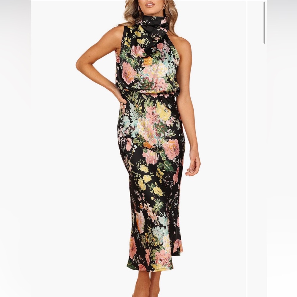 Petal & Pup Black Floral One-Shoulder Midi Dress
